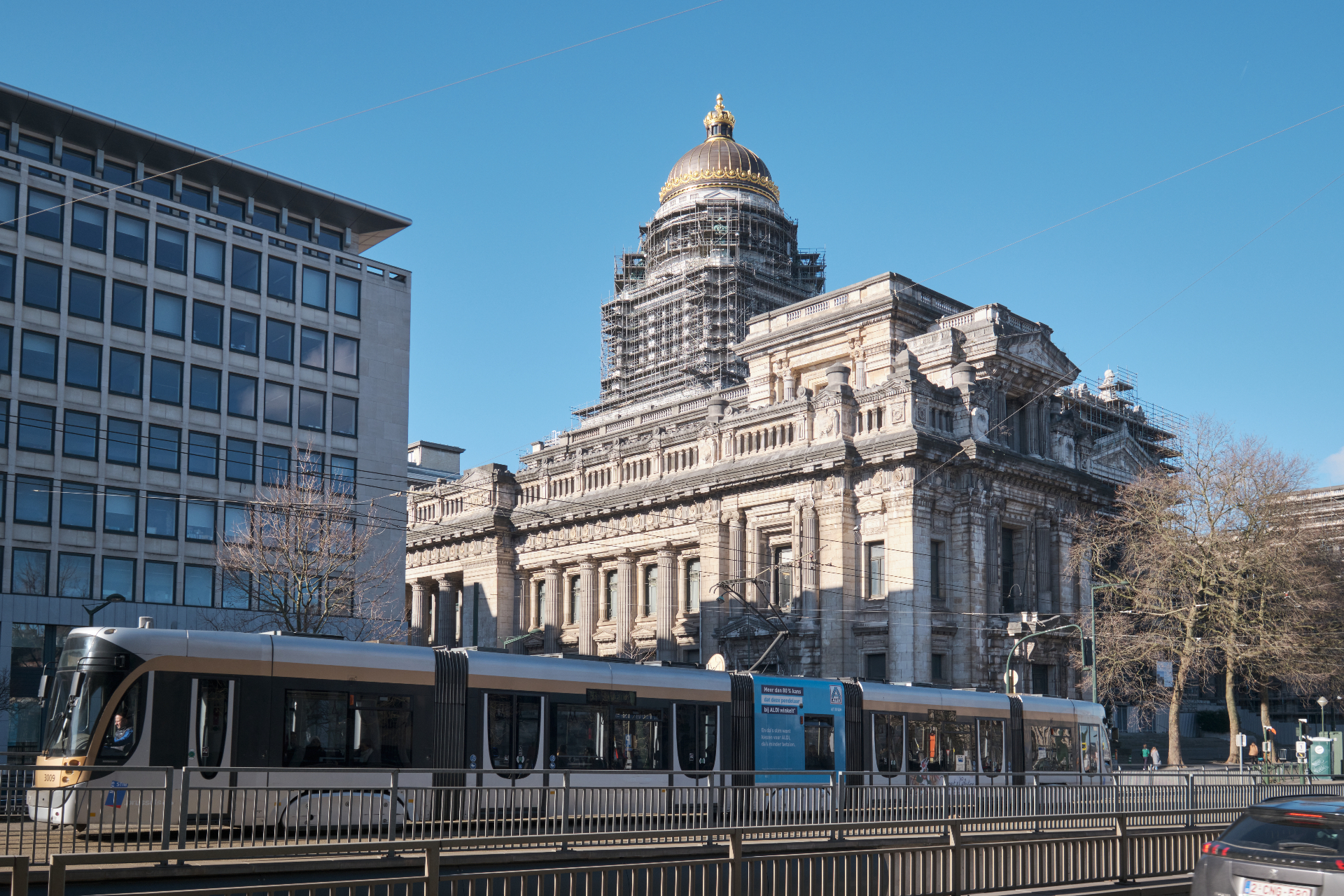 Tram passing the Palace of Justice in Brussels