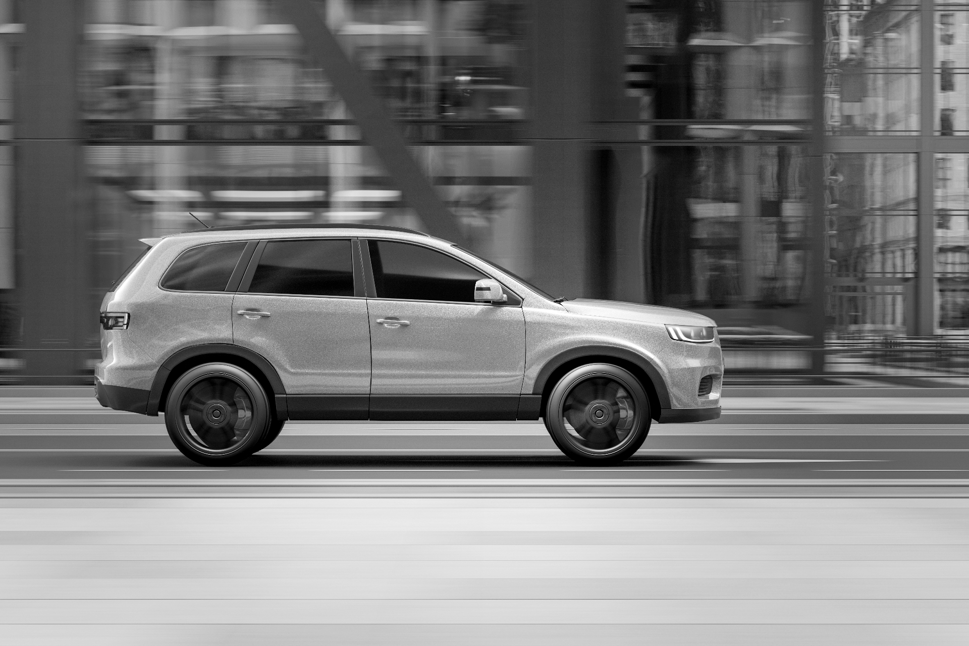 SUV in motion through the city